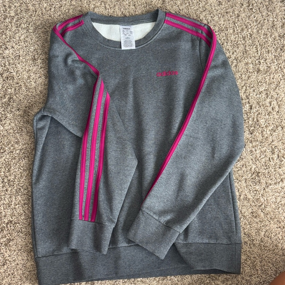 Grey Adidas Crewneck with Purple Stripes. Size Large LIKE NEW